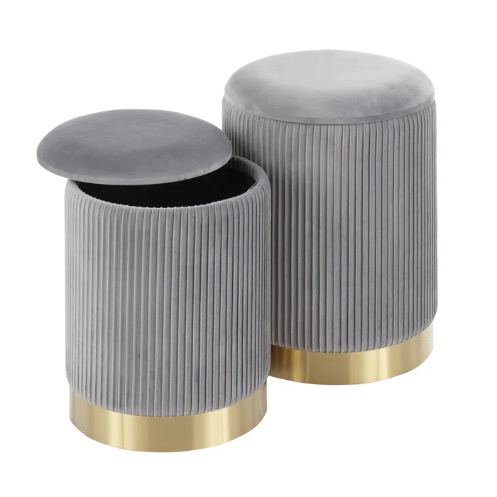 Beautiful Grey Color Velvet Round Storage Ottoman with Storage Set of 2