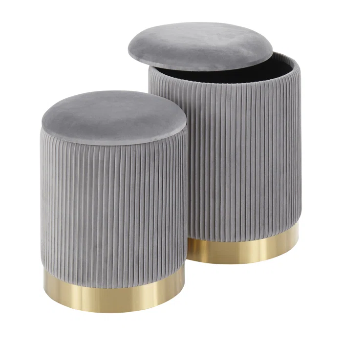 Beautiful Grey Color Velvet Round Storage Ottoman with Storage Set of 2