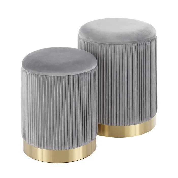 Beautiful Grey Color Velvet Round Storage Ottoman with Storage Set of 2