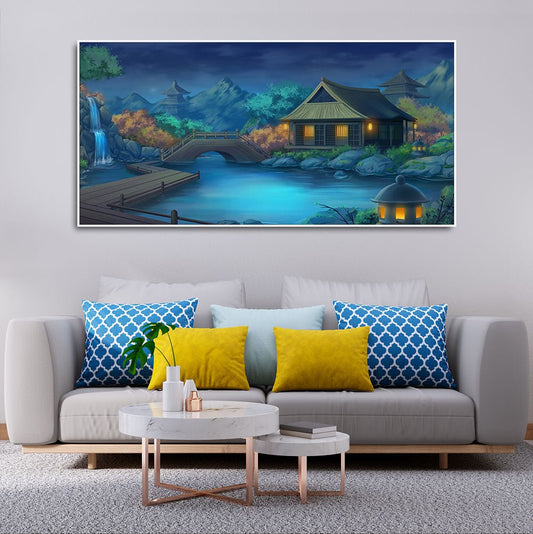 Beautiful Japanese Courtyard at Night Canvas Wall Painting - Decor Smart