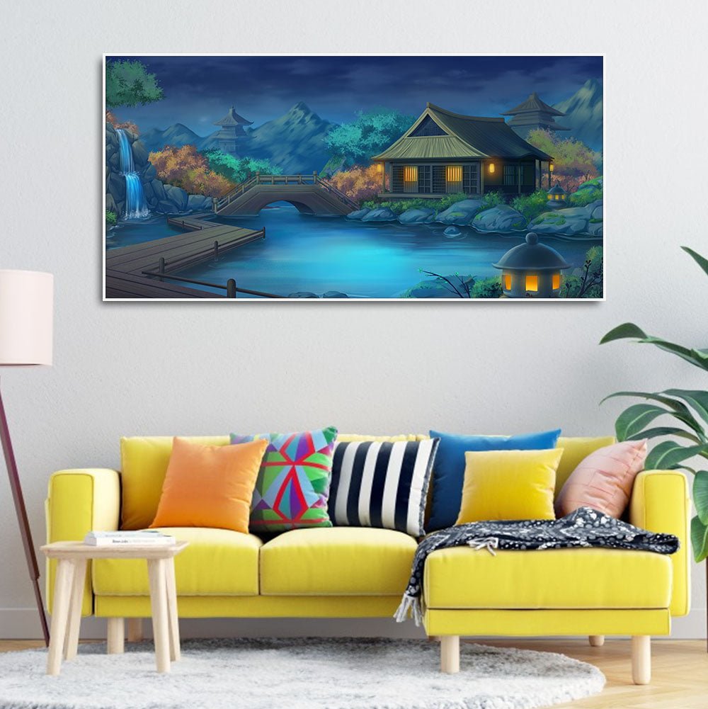 Beautiful Japanese Courtyard at Night Canvas Wall Painting - Decor Smart