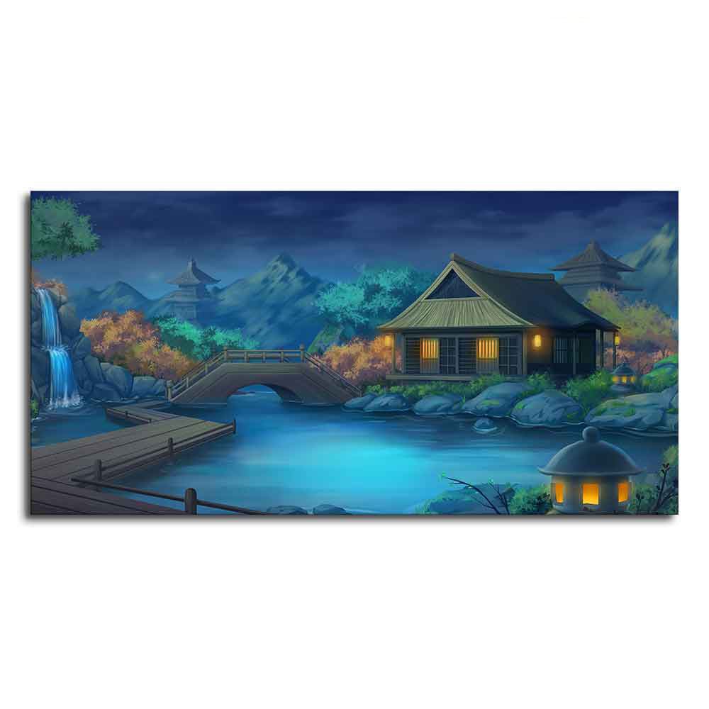 Beautiful Japanese Courtyard at Night Canvas Wall Painting - Decor Smart
