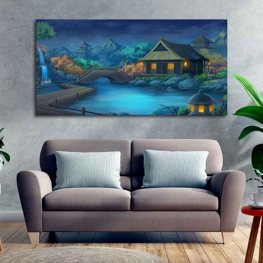 Beautiful Japanese Courtyard at Night Canvas Wall Painting - Decor Smart