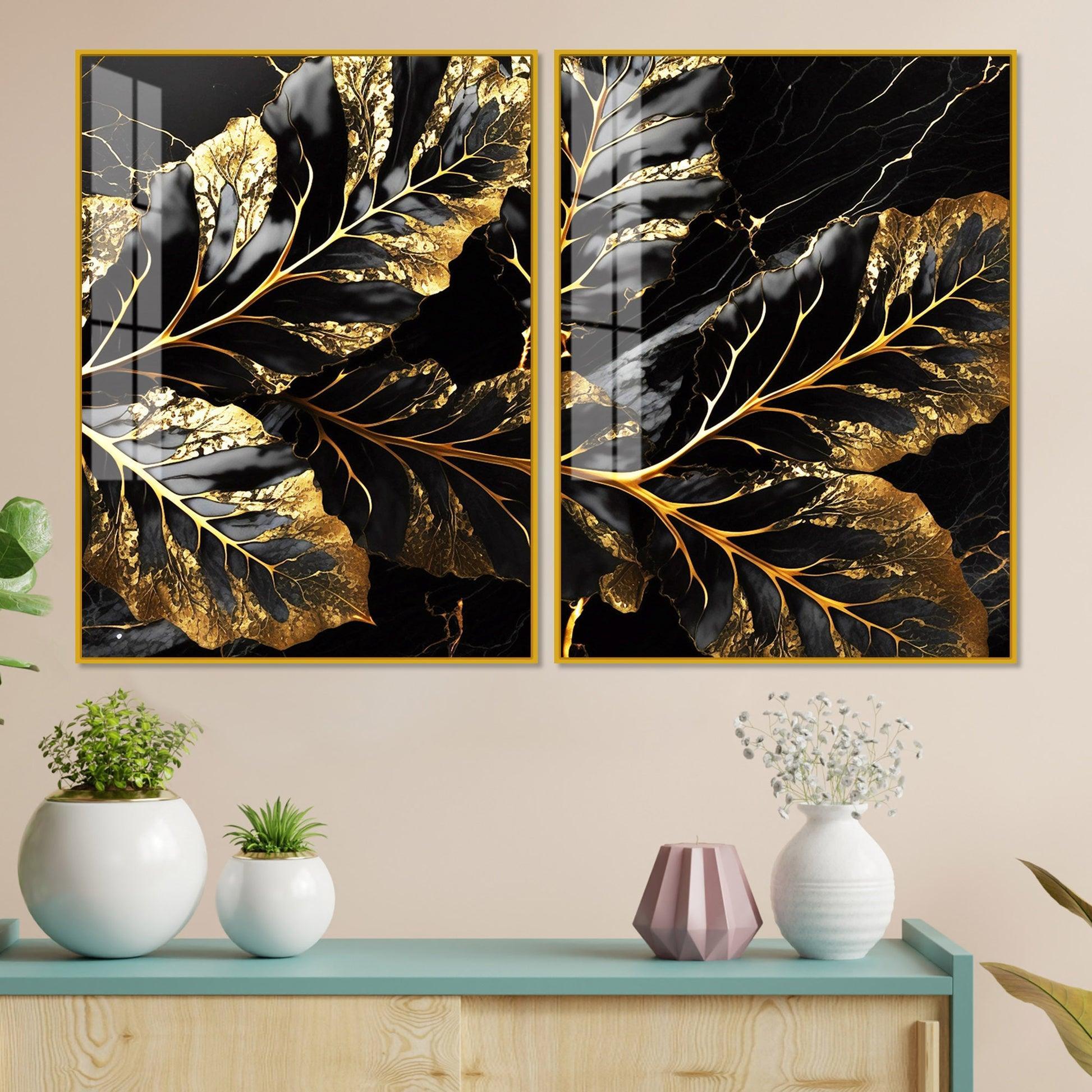 Beautiful Leaf Golden Textural Art Acrylic Floating Wall Painting Set Of 2 - Decor Smart