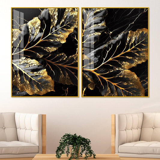 Beautiful Leaf Golden Textural Art Acrylic Floating Wall Painting Set Of 2 - Decor Smart
