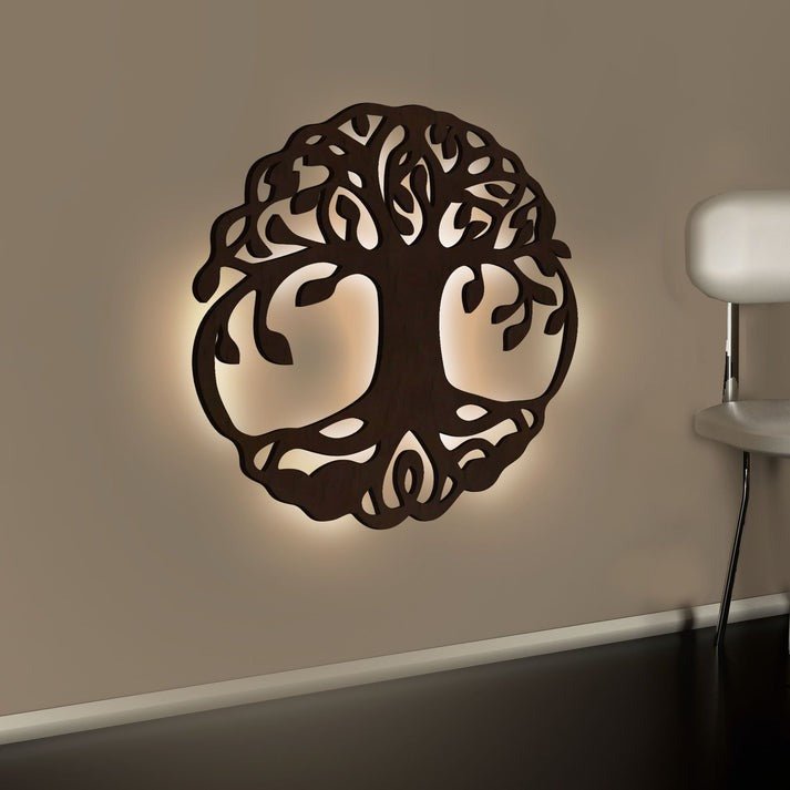 Beautiful Life of Tree Backlit Wooden Wall Decor with LED Night Light Walnut Finish - Decor Smart