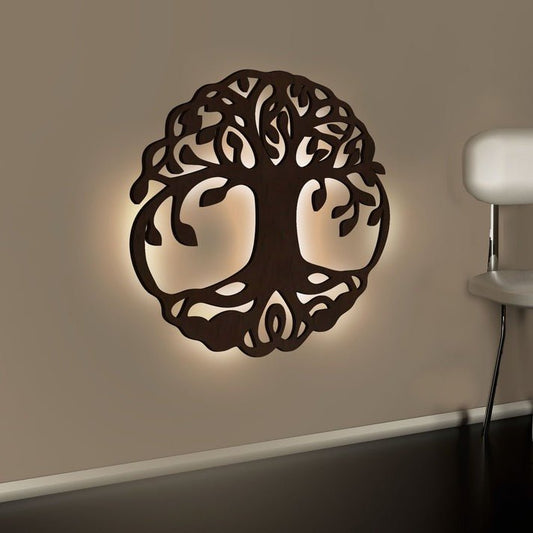 Beautiful Life of Tree Backlit Wooden Wall Decor with LED Night Light Walnut Finish - Decor Smart