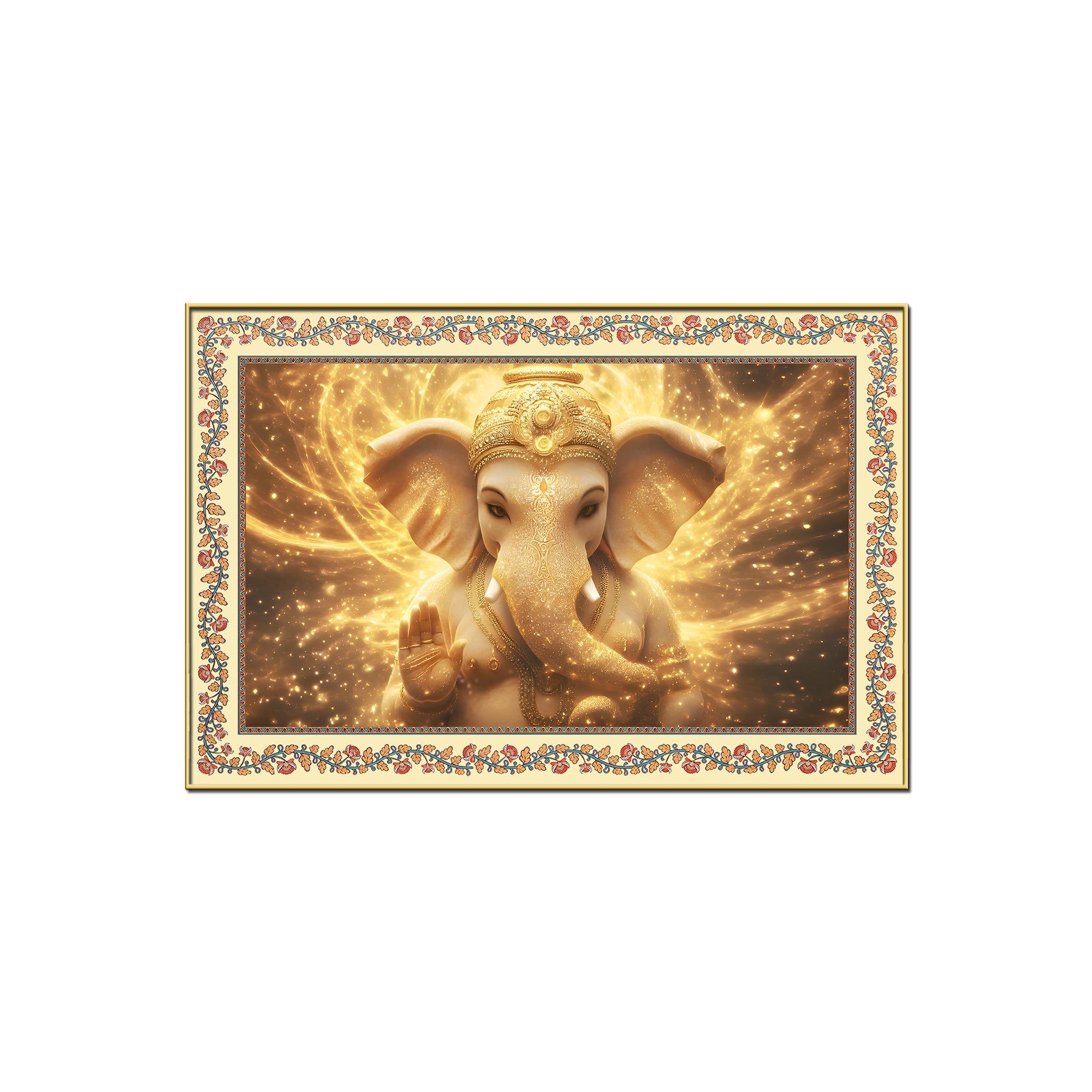 Beautiful Lord Ganesha in Lighting Floral Border Canvas Wall Painting