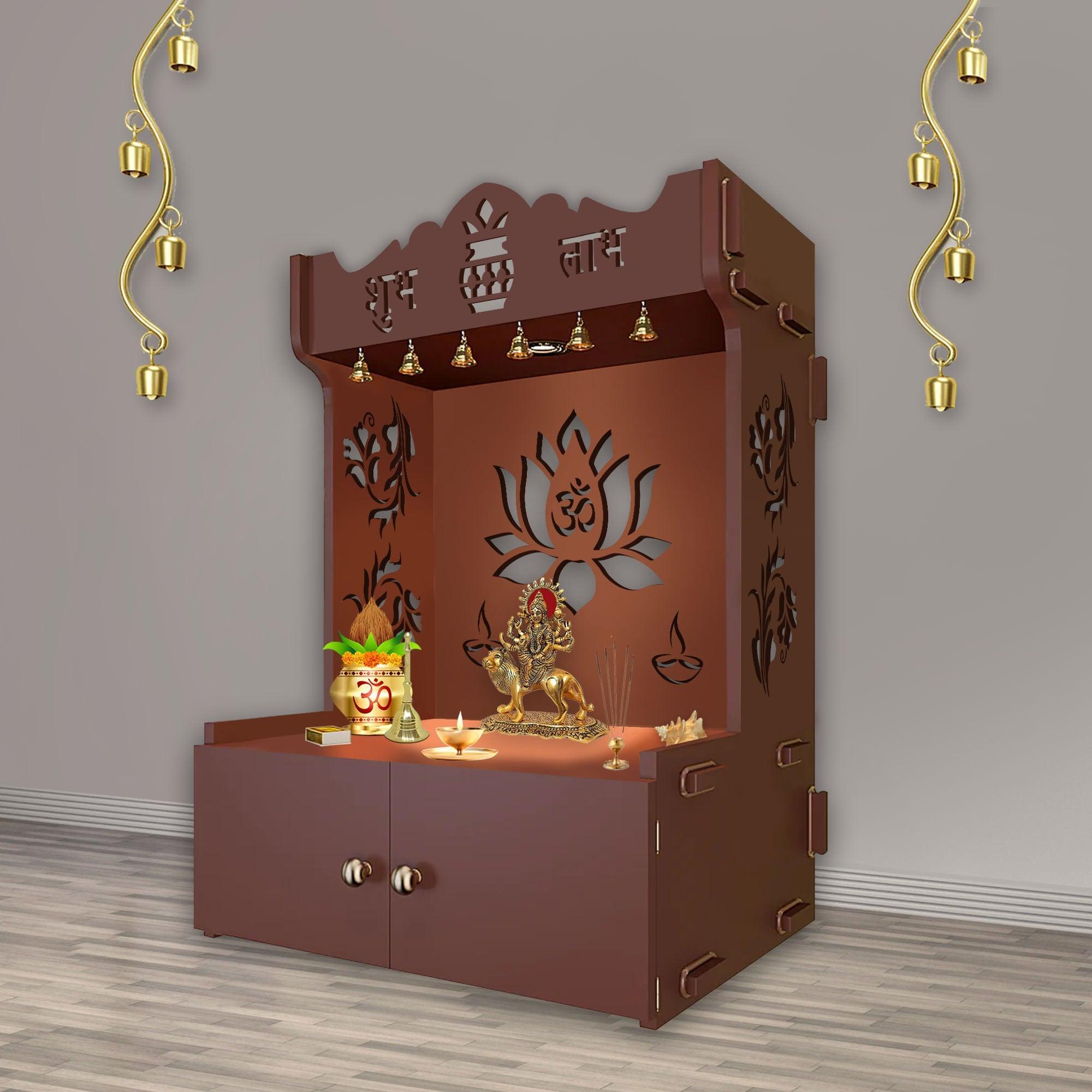 Beautiful Lotus Pattern Floor Temple with Spacious Wooden Shelf & Inbuilt Focus Light - Brown Finish - Decor Smart
