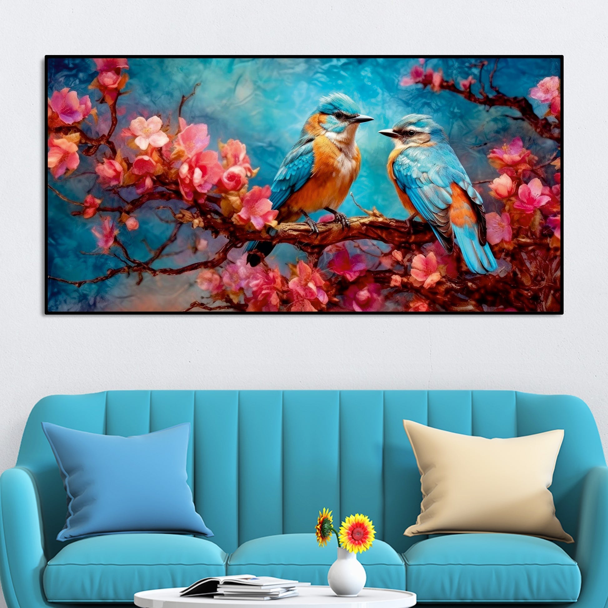 Beautiful Love Birds on a Branch with Pink Flowers Canvas Wall Painting - Decor Smart