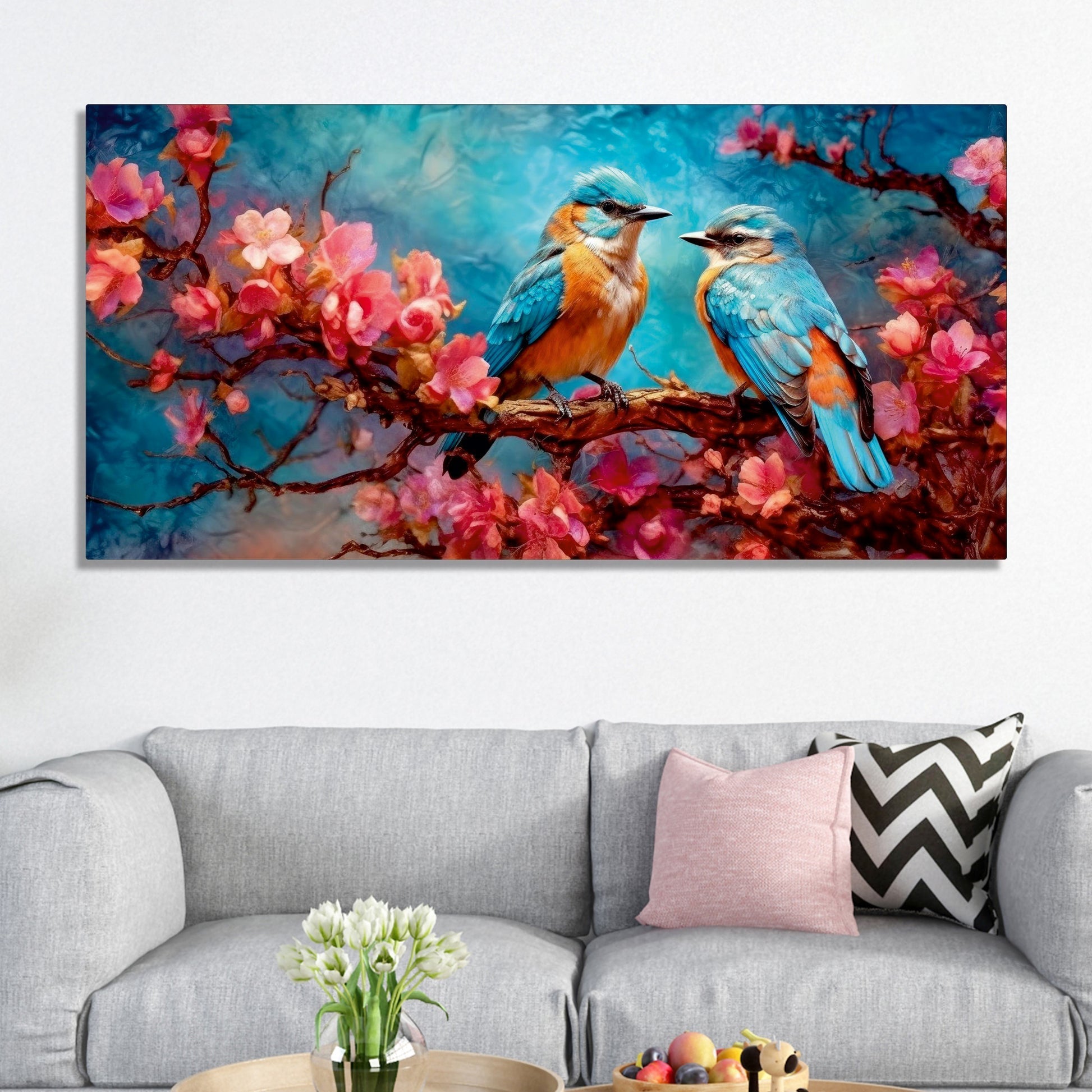 Beautiful Love Birds on a Branch with Pink Flowers Canvas Wall Painting - Decor Smart