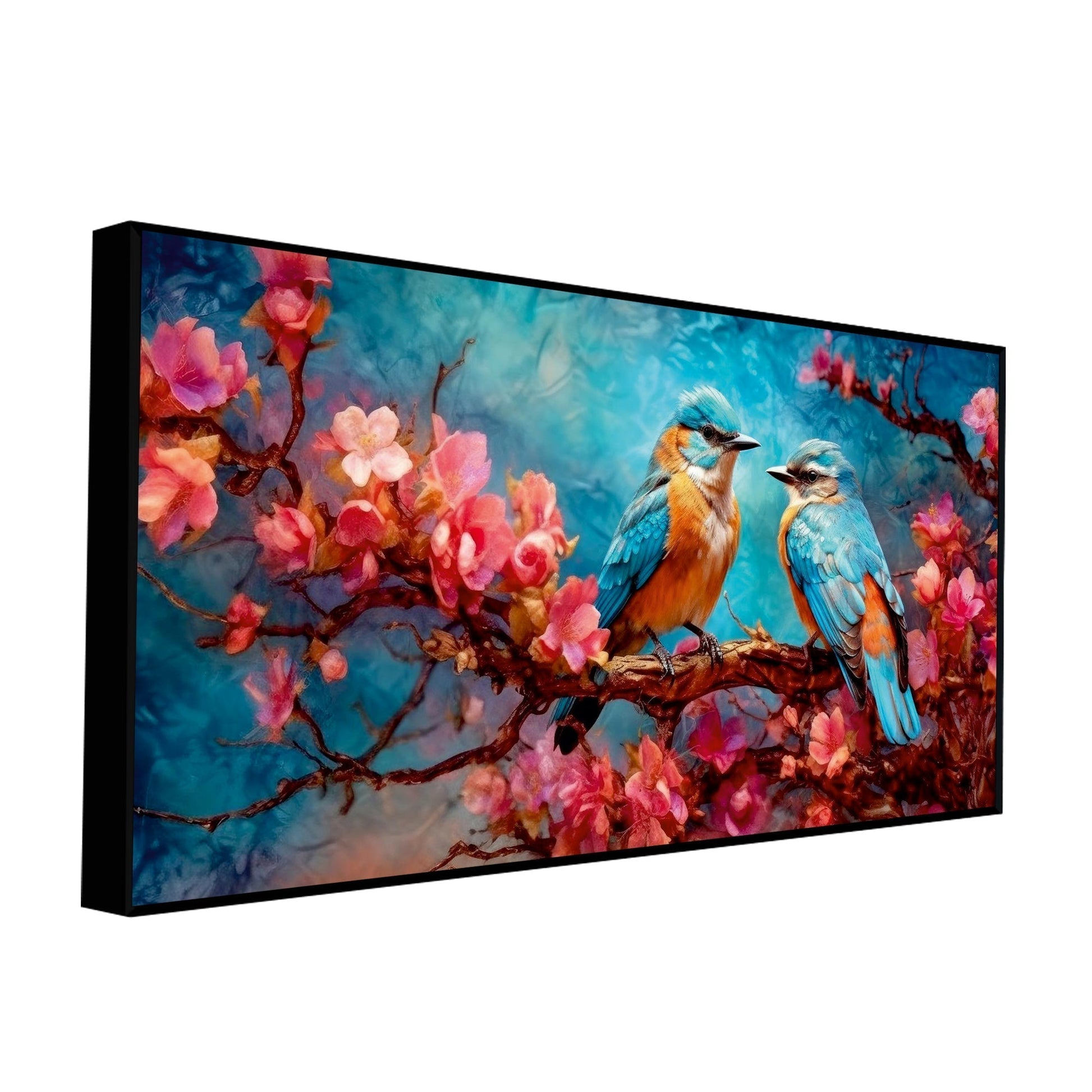 Beautiful Love Birds on a Branch with Pink Flowers Canvas Wall Painting - Decor Smart