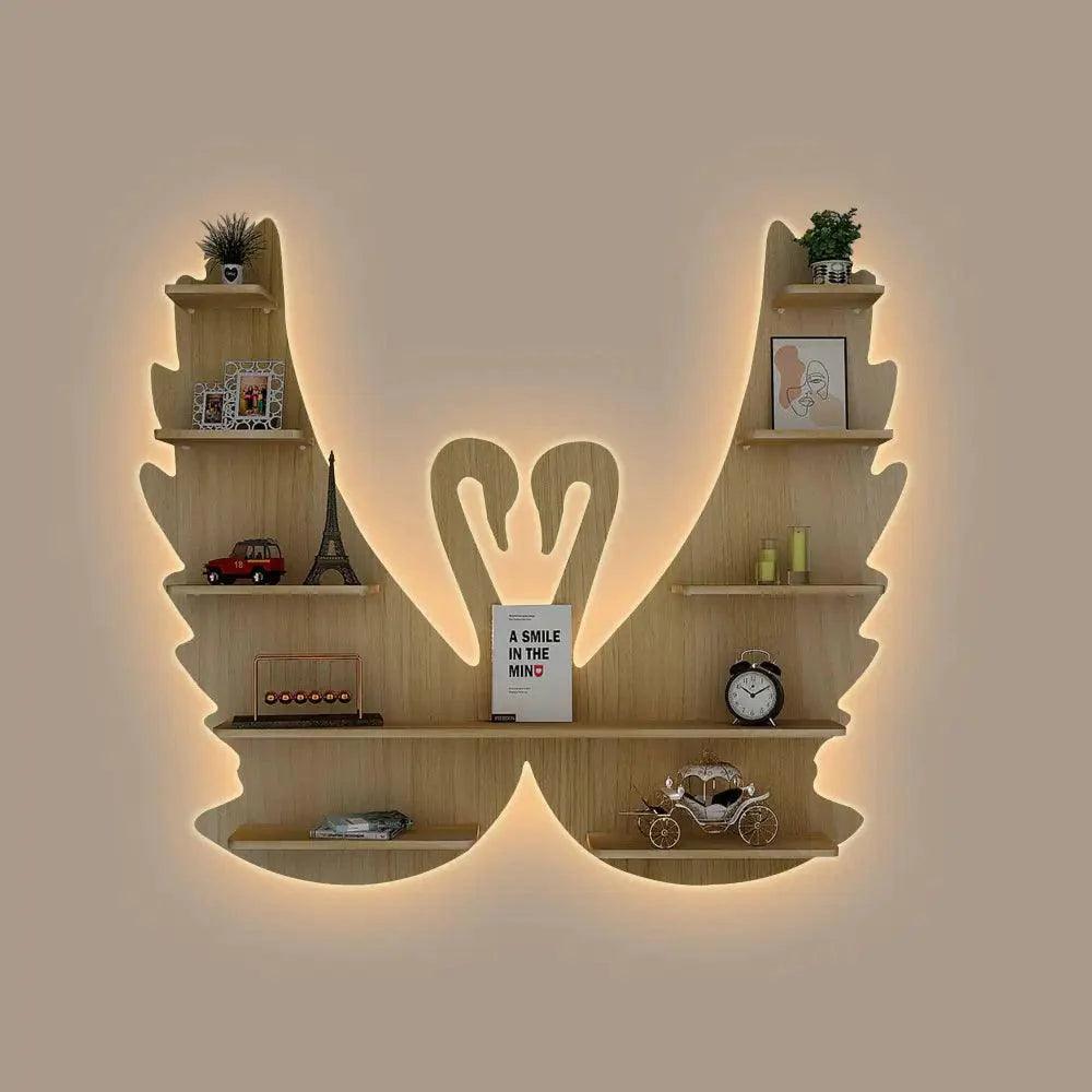 Beautiful Loving Swan Backlit Designer Wooden Wall Shelf / Book Shelf / Night Light, Light Oak Finish - Decor Smart