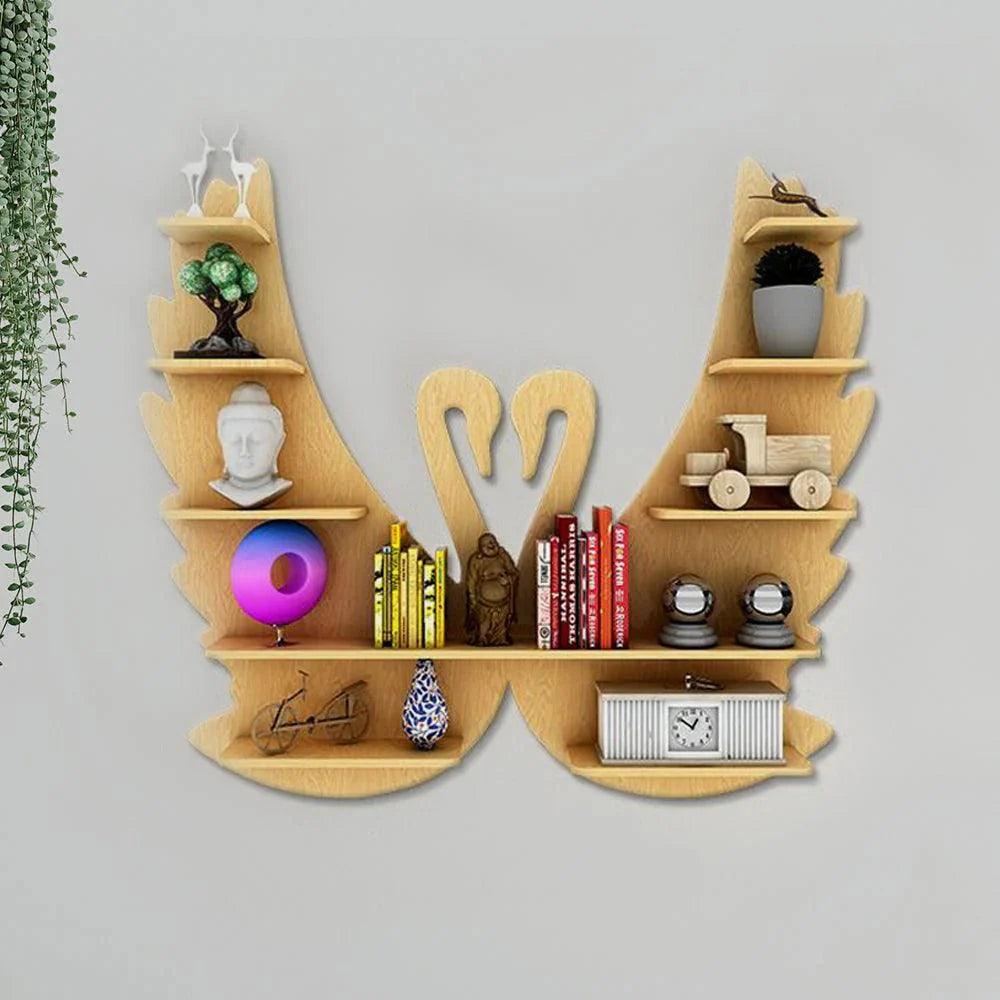 Beautiful Loving Swan Backlit Designer Wooden Wall Shelf / Book Shelf / Night Light, Light Oak Finish - Decor Smart