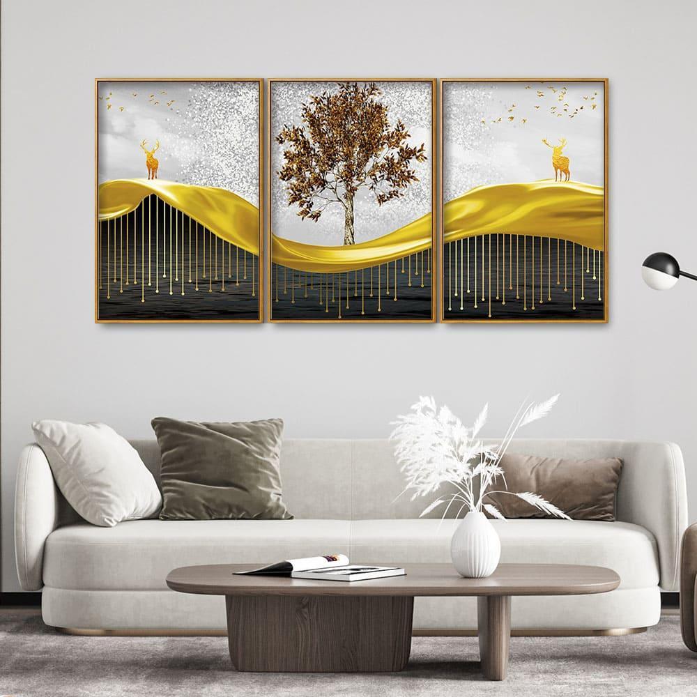 Beautiful Luxury Modern Art of Trees and Deer Floating Canvas Wall Painting Set of Three - Decor Smart