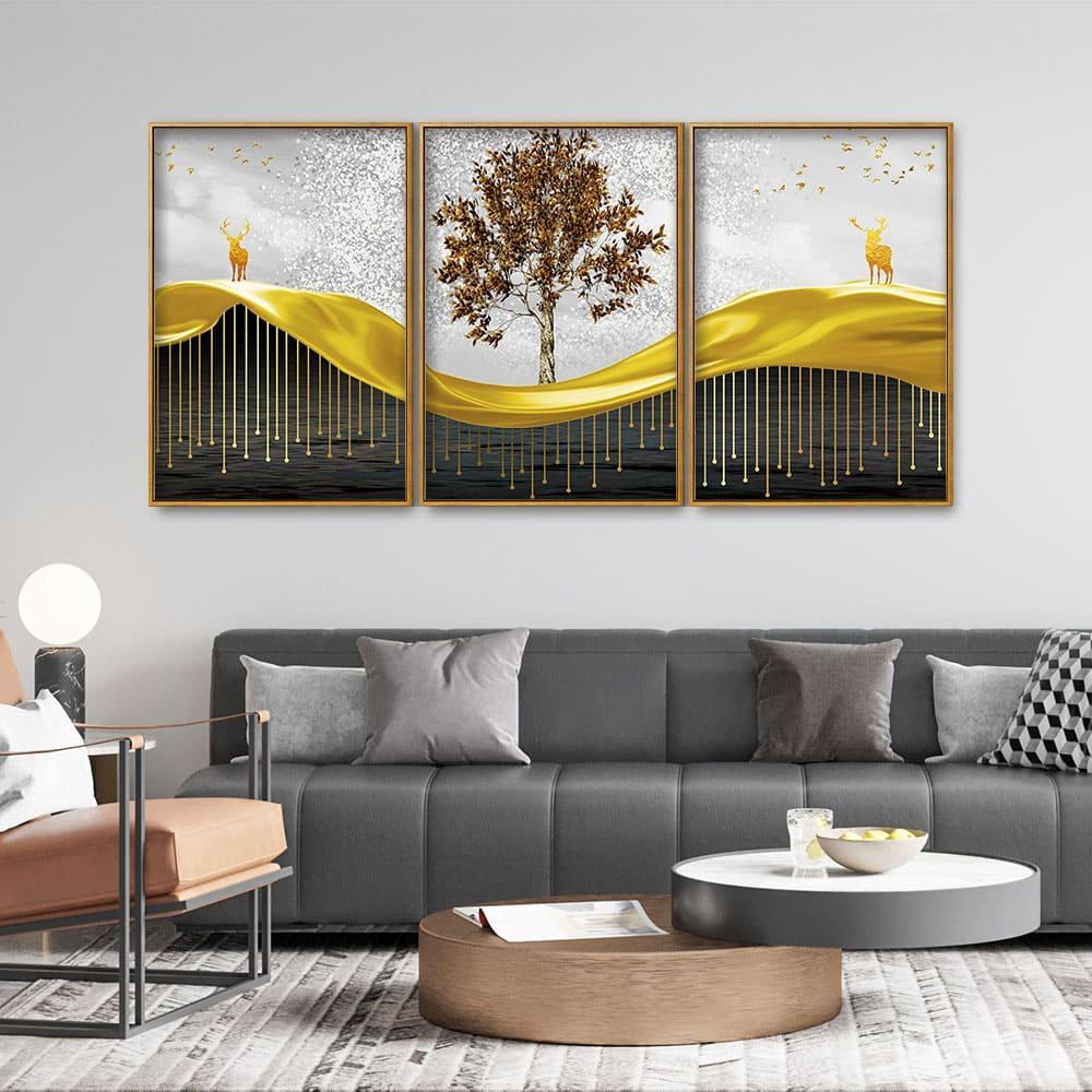 Beautiful Luxury Modern Art of Trees and Deer Floating Canvas Wall Painting Set of Three - Decor Smart