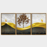 Beautiful Luxury Modern Art of Trees and Deer Floating Canvas Wall Painting Set of Three - Decor Smart