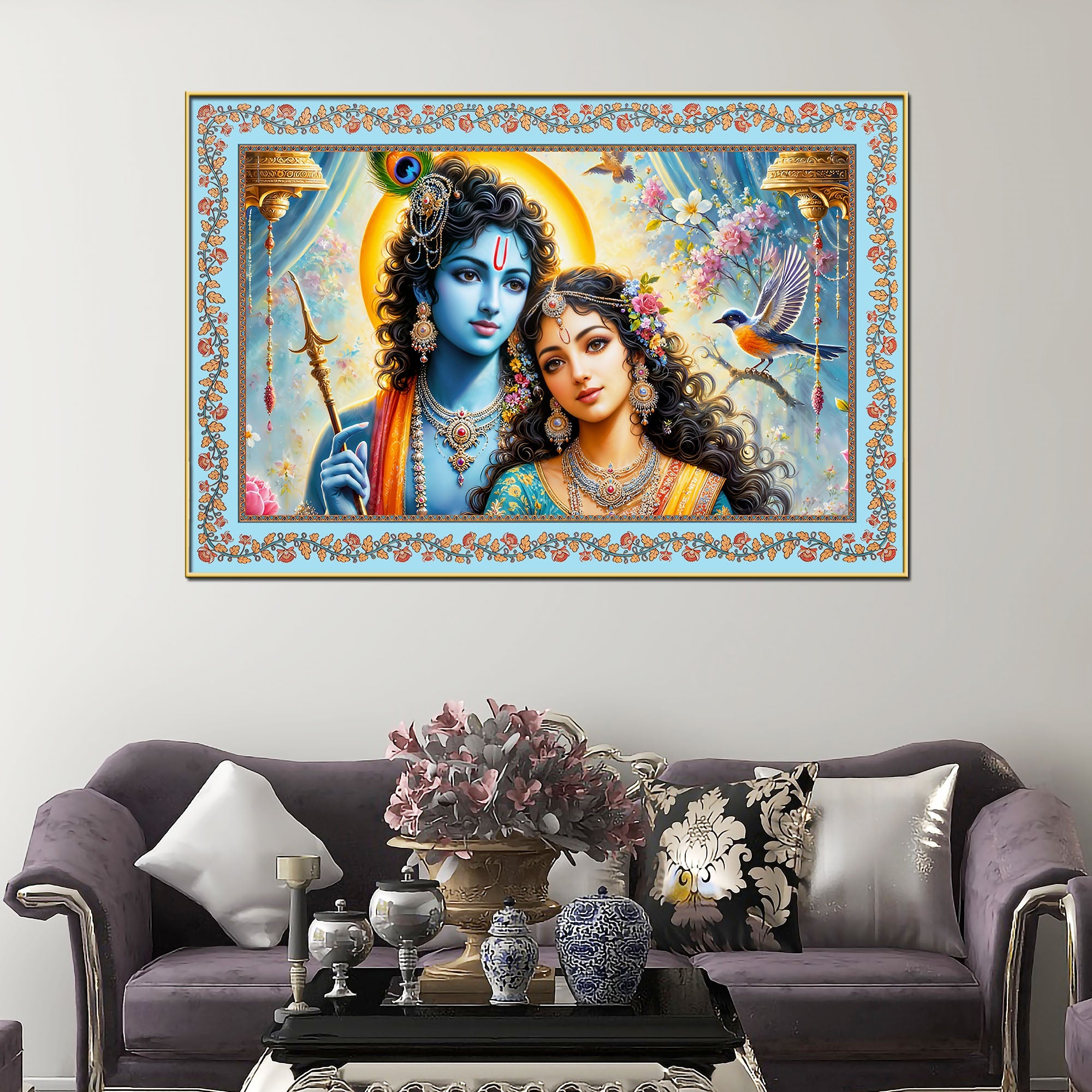 Beautiful Modern Art Radha Krishna Floral Border Canvas Wall Painting