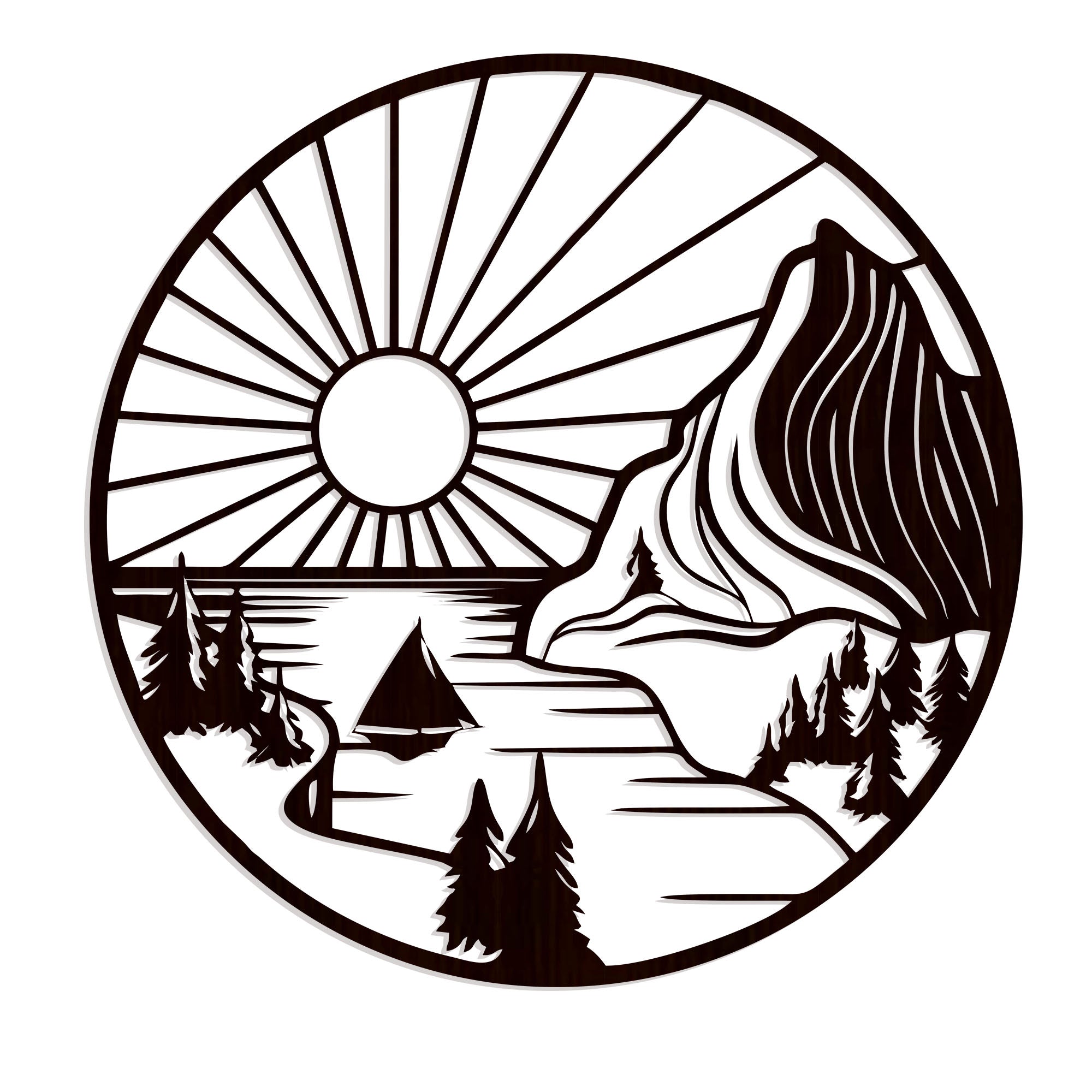 Beautiful Mountain and Rising Sun Scenery Backlit Wooden Wall Decor with LED Night Light Walnut Finish - Decor Smart