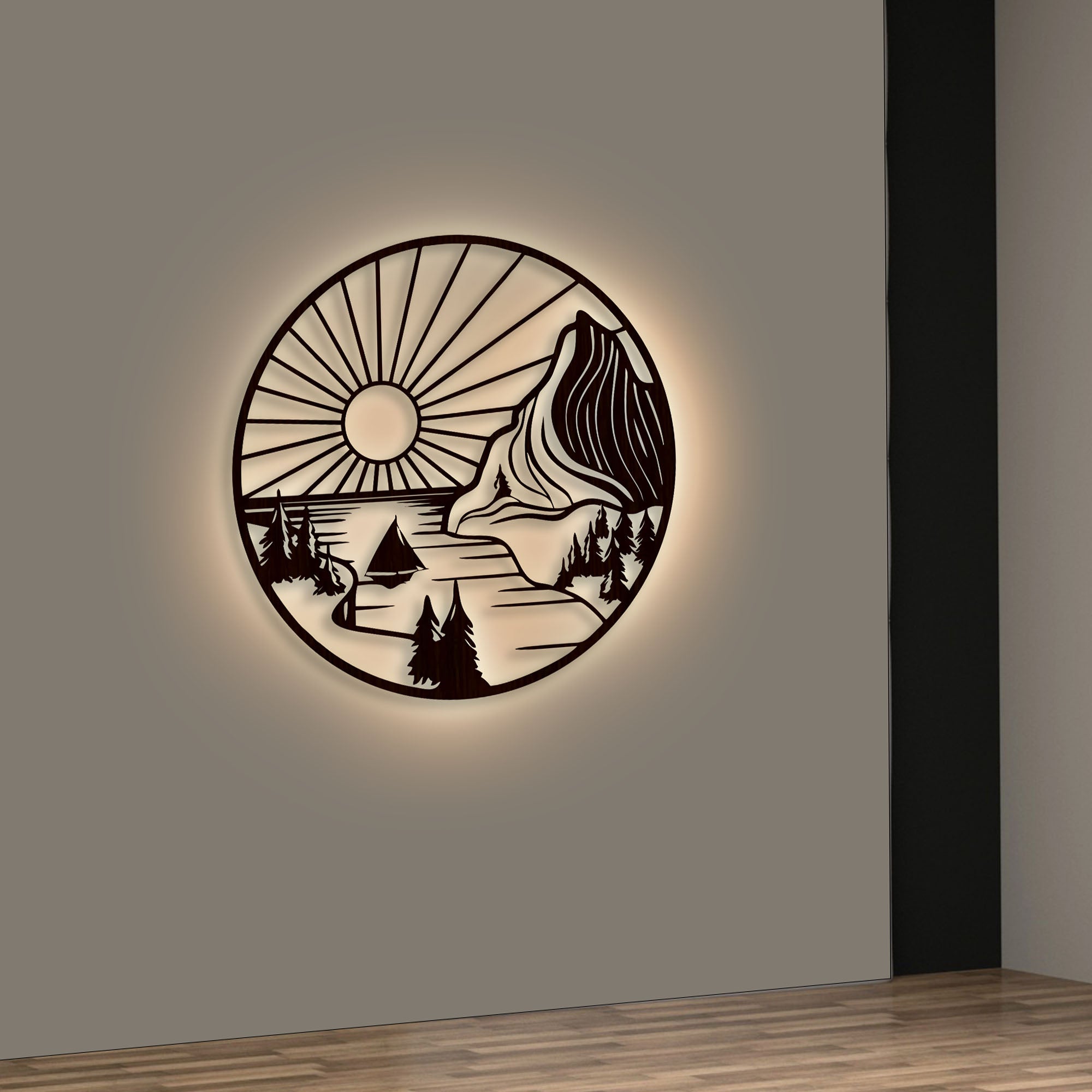 Beautiful Mountain and Rising Sun Scenery Backlit Wooden Wall Decor with LED Night Light Walnut Finish - Decor Smart