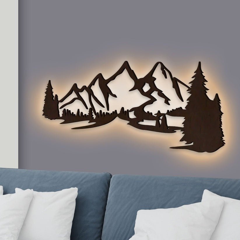 Beautiful Mountain Scenery Backlit Wooden Wall Decor with LED Night Light Walnut Finish - Decor Smart