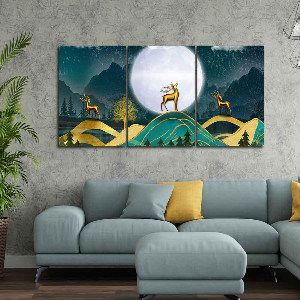 Beautiful Night Landscape Golden Deer Wall Painting of Three Pieces - Decor Smart