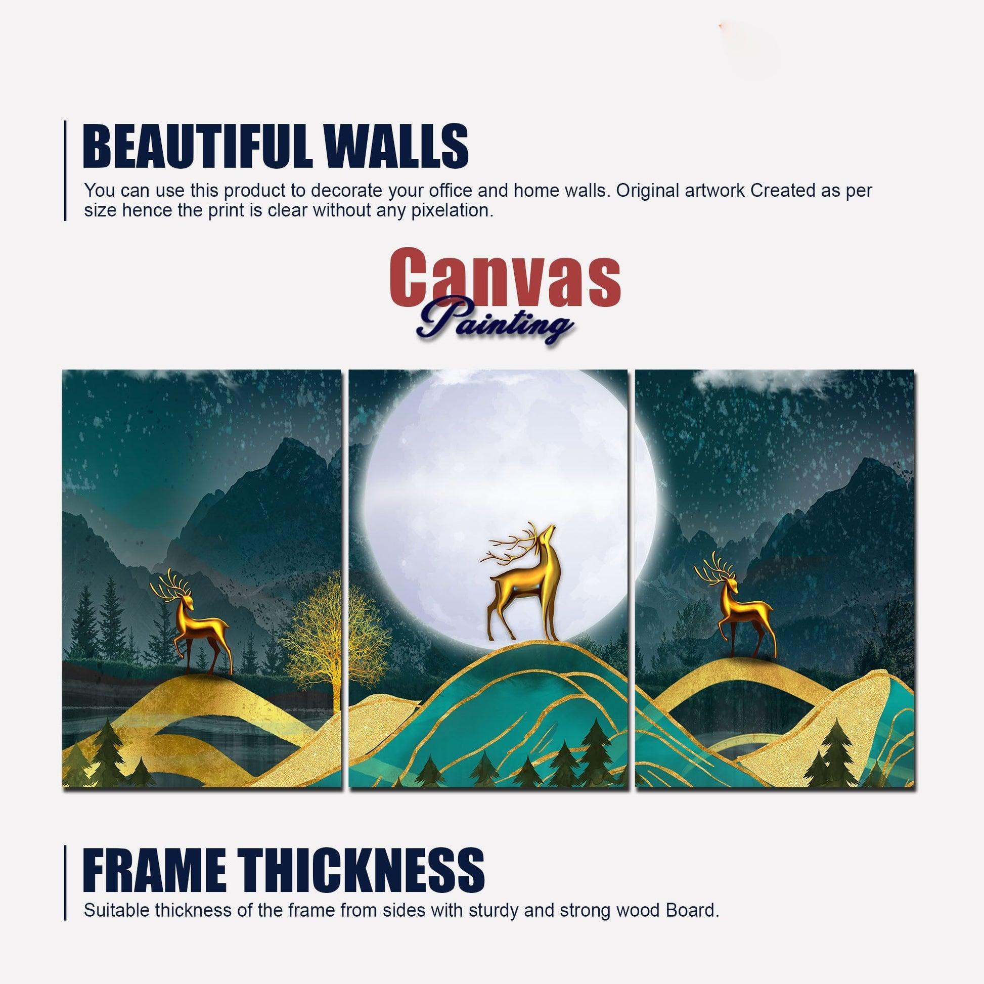Beautiful Night Landscape Golden Deer Wall Painting of Three Pieces - Decor Smart
