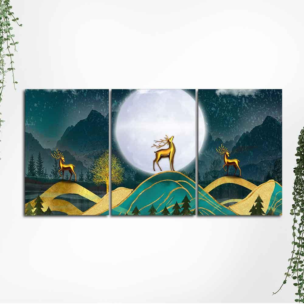 Beautiful Night Landscape Golden Deer Wall Painting of Three Pieces - Decor Smart