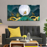 Beautiful Night Landscape Golden Deer Wall Painting of Three Pieces - Decor Smart