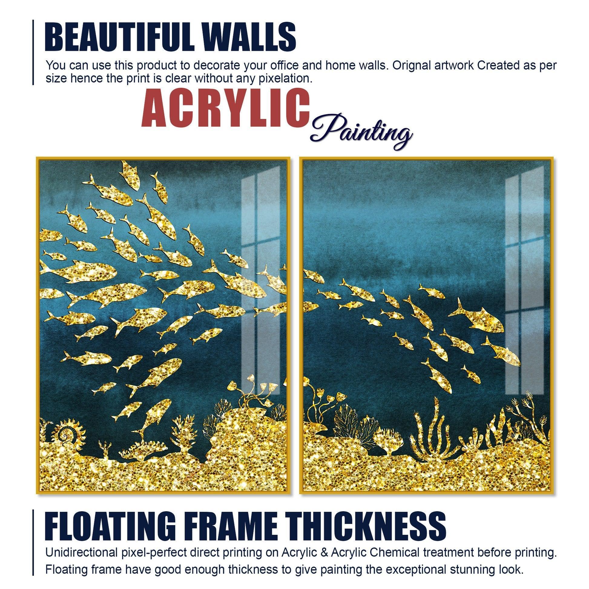 Beautiful Ocean View of Golden Fish Pattern Acrylic Floating Wall Painting Set Of 2 - Decor Smart