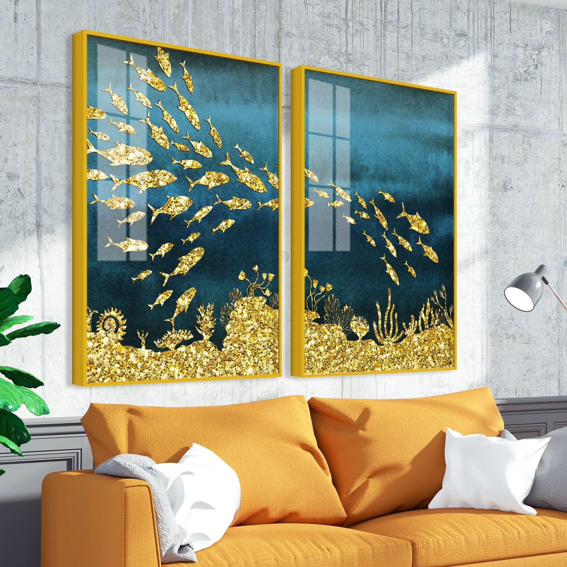Beautiful Ocean View of Golden Fish Pattern Acrylic Floating Wall Painting Set Of 2 - Decor Smart
