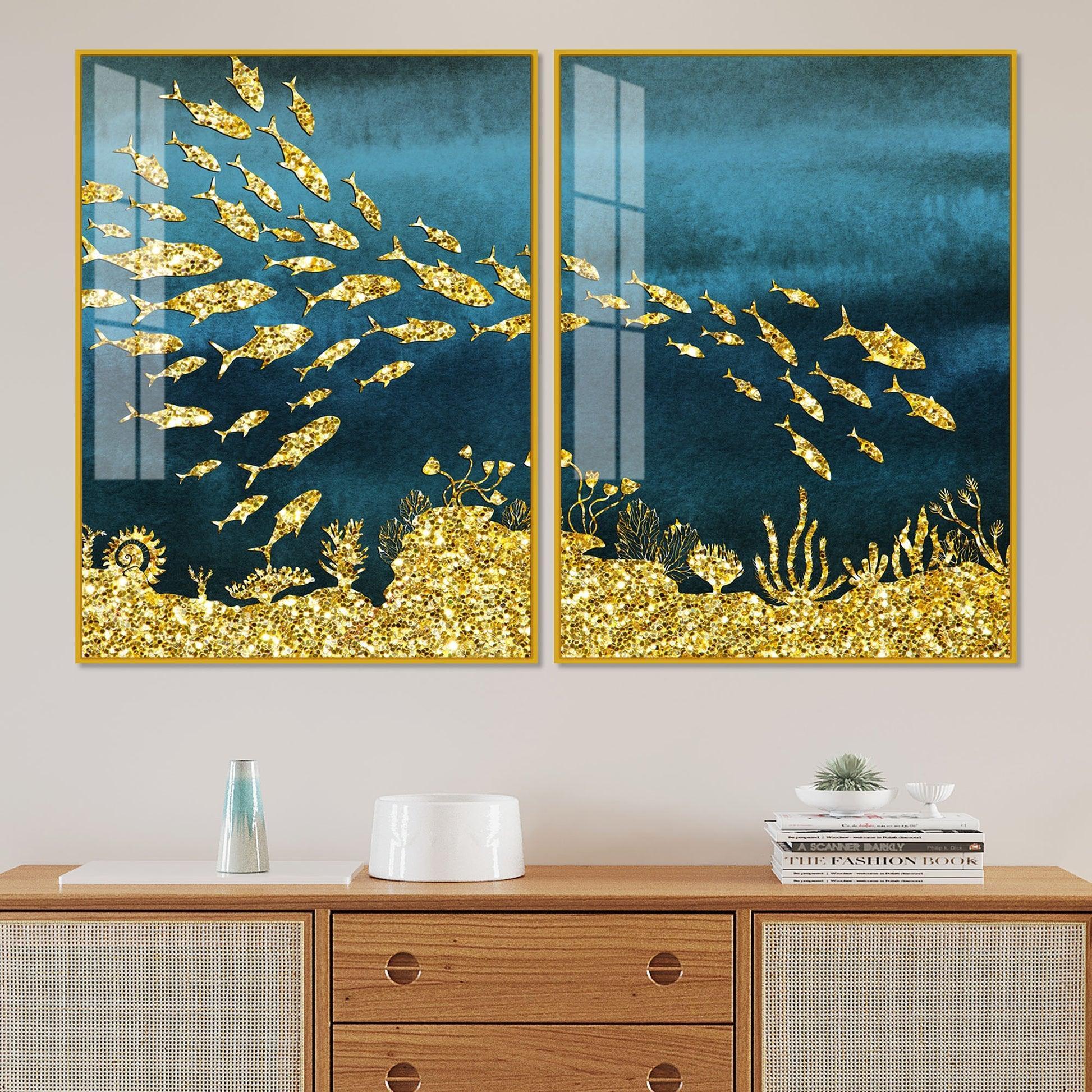 Beautiful Ocean View of Golden Fish Pattern Acrylic Floating Wall Painting Set Of 2 - Decor Smart