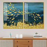 Beautiful Ocean View of Golden Fish Pattern Acrylic Floating Wall Painting Set Of 2 - Decor Smart