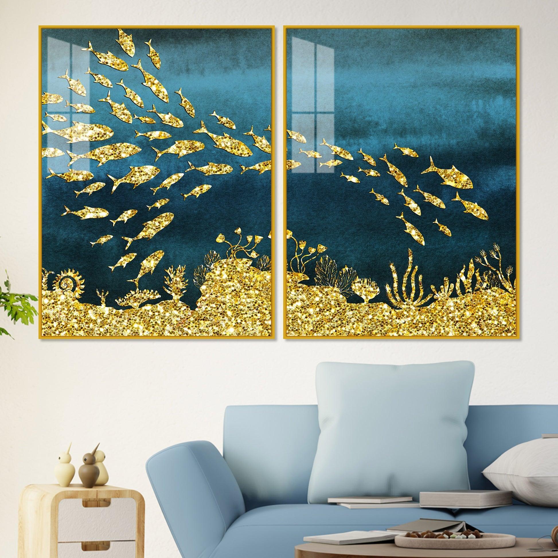 Beautiful Ocean View of Golden Fish Pattern Acrylic Floating Wall Painting Set Of 2 - Decor Smart