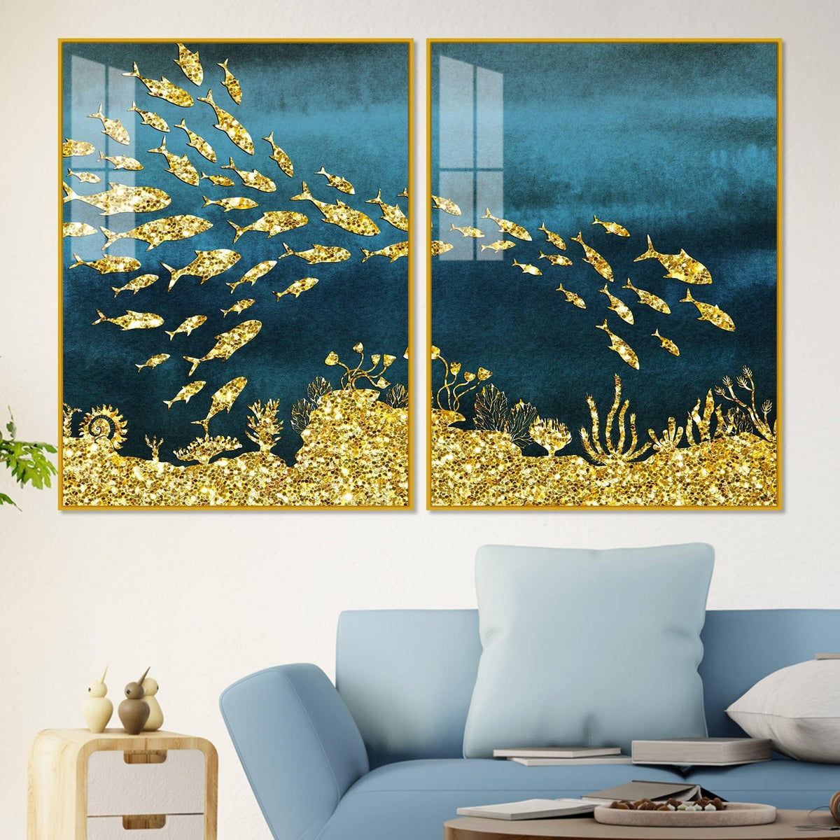 Beautiful Ocean View of Golden Fish Pattern Acrylic Floating Wall Painting Set Of 2 - Decor Smart