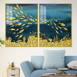 Beautiful Ocean View of Golden Fish Pattern Acrylic Floating Wall Painting Set Of 2 - Decor Smart