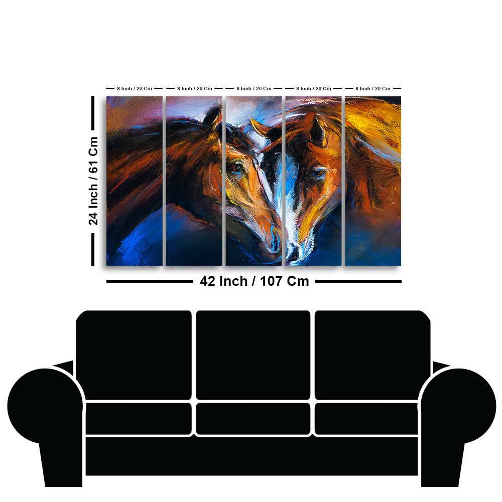 Beautiful Pair of Horses Five Pieces Wall Painting - Decor Smart