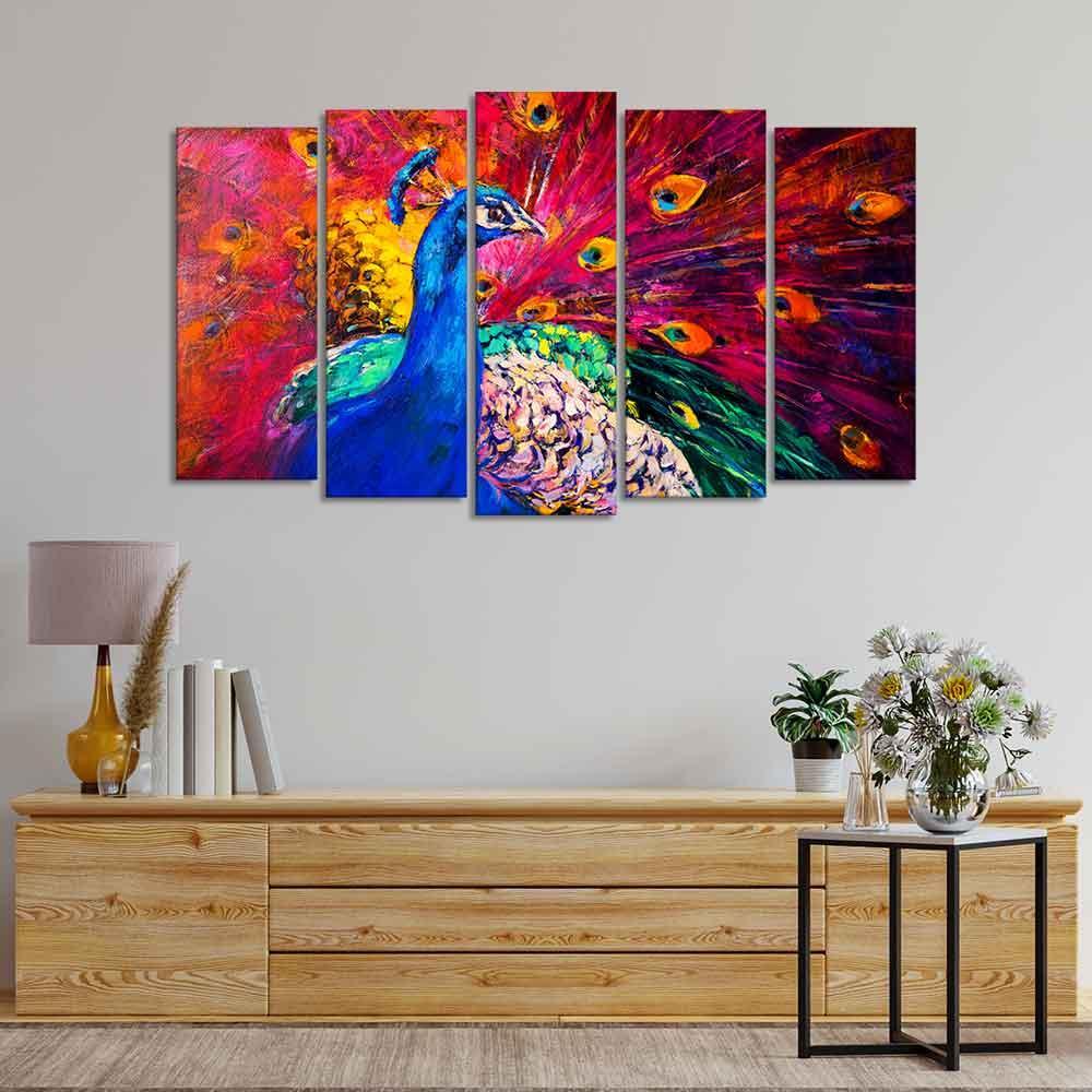 Beautiful Peacock Canvas Wall Painting of Five Pieces - Decor Smart