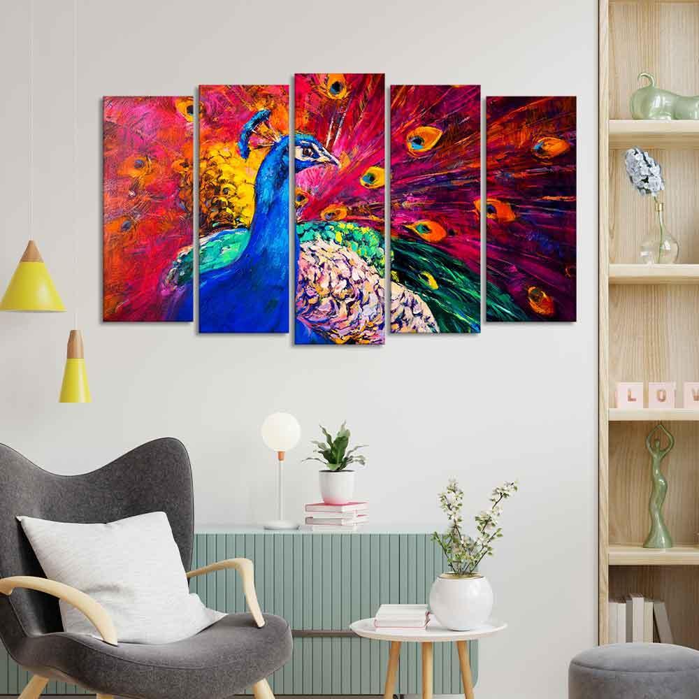 Beautiful Peacock Canvas Wall Painting of Five Pieces - Decor Smart