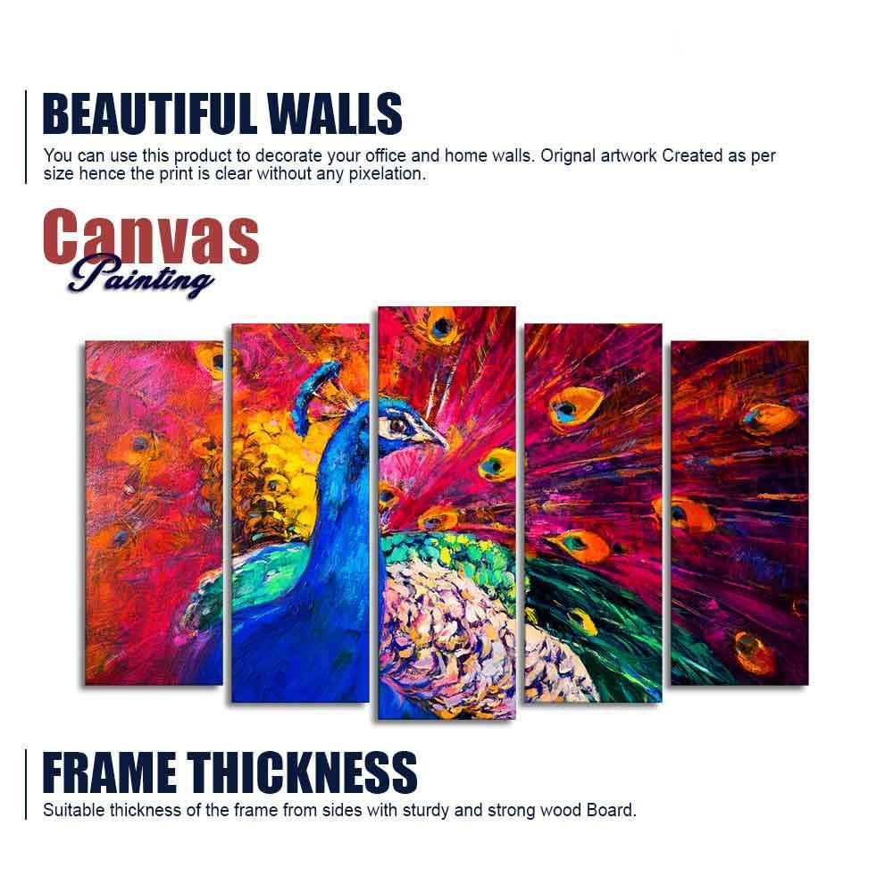 Beautiful Peacock Canvas Wall Painting of Five Pieces - Decor Smart