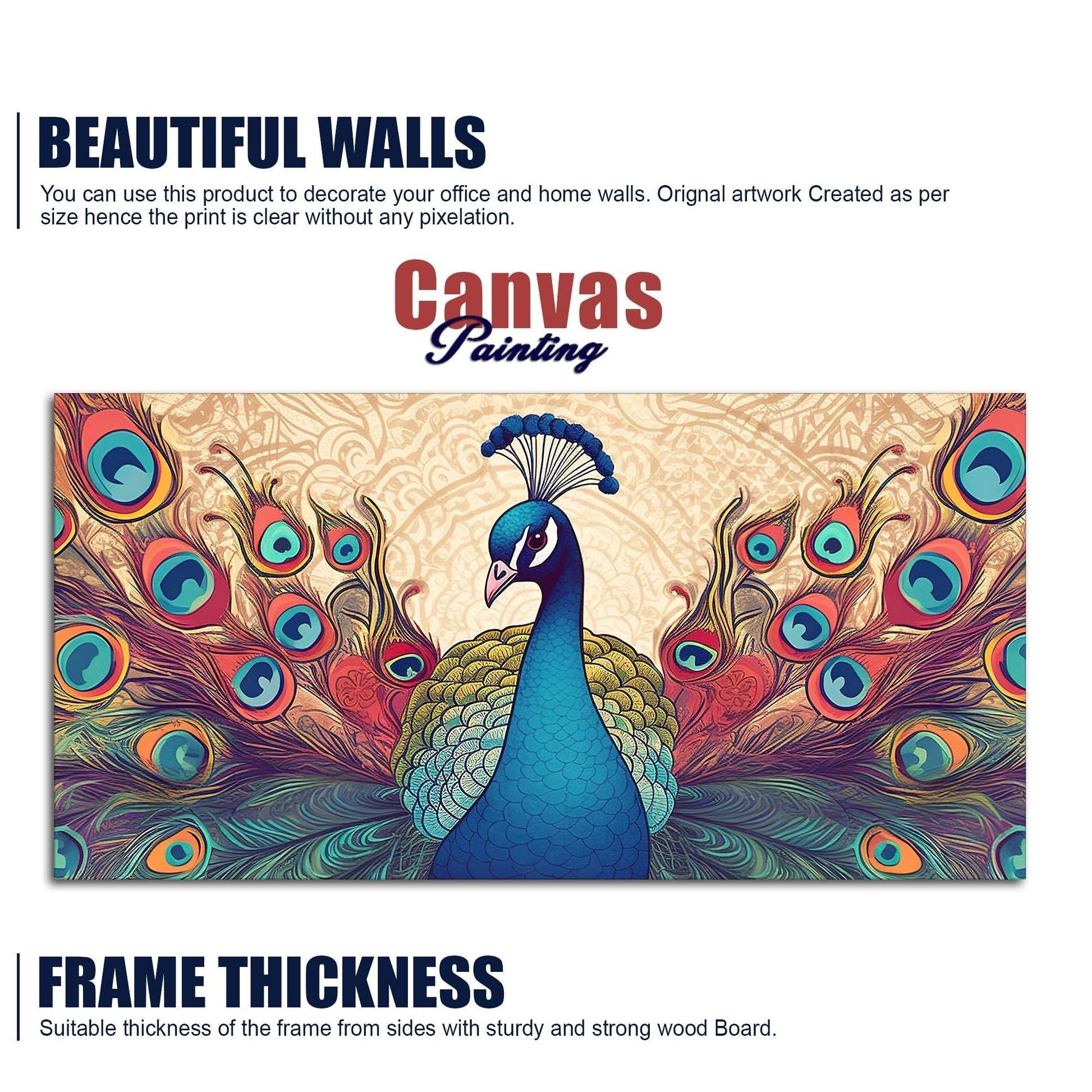 Beautiful Peacock in Traditional Style Canvas Wall Painiting - Decor Smart