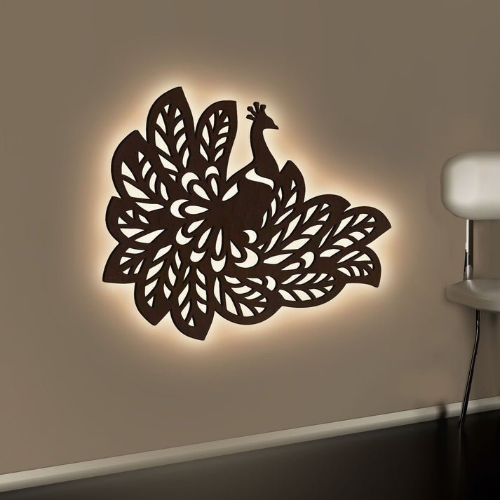 Beautiful Peacock Wings Designer Art Backlit Wooden Wall Decor with LED Night Light Walnut Finish - Decor Smart