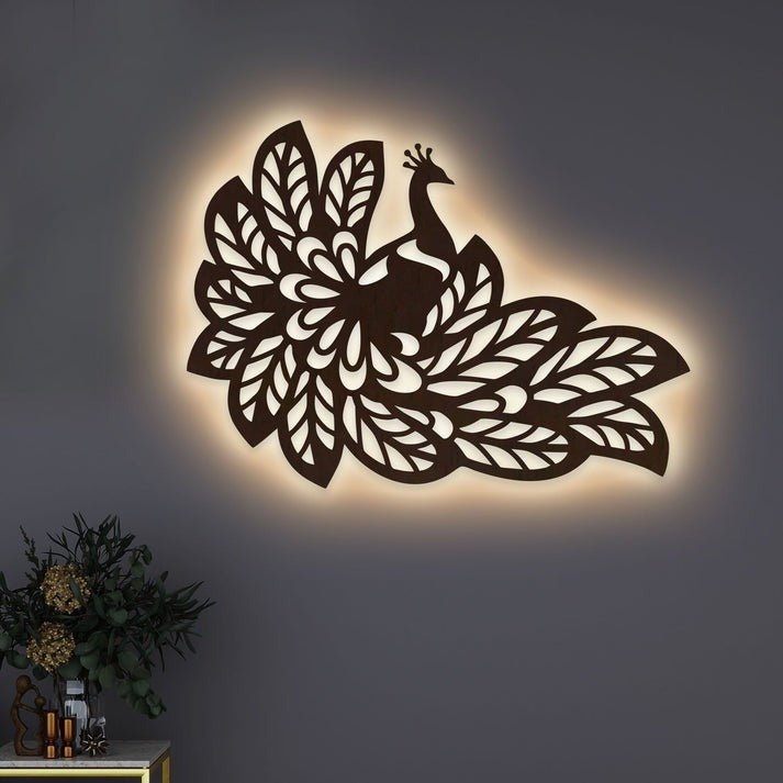 Beautiful Peacock Wings Designer Art Backlit Wooden Wall Decor with LED Night Light Walnut Finish - Decor Smart