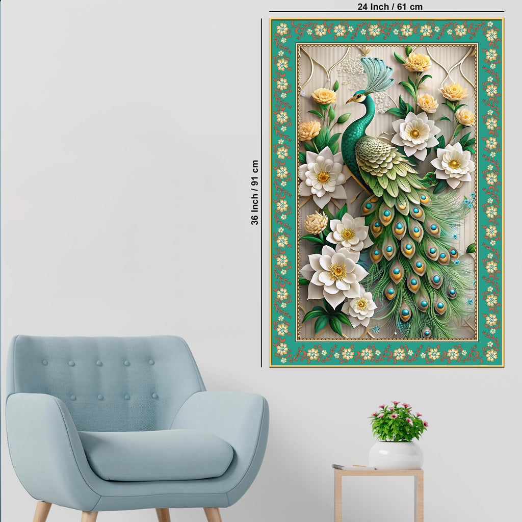 Beautiful Peacock with Flowers Floral Border Vertical Wall Painting