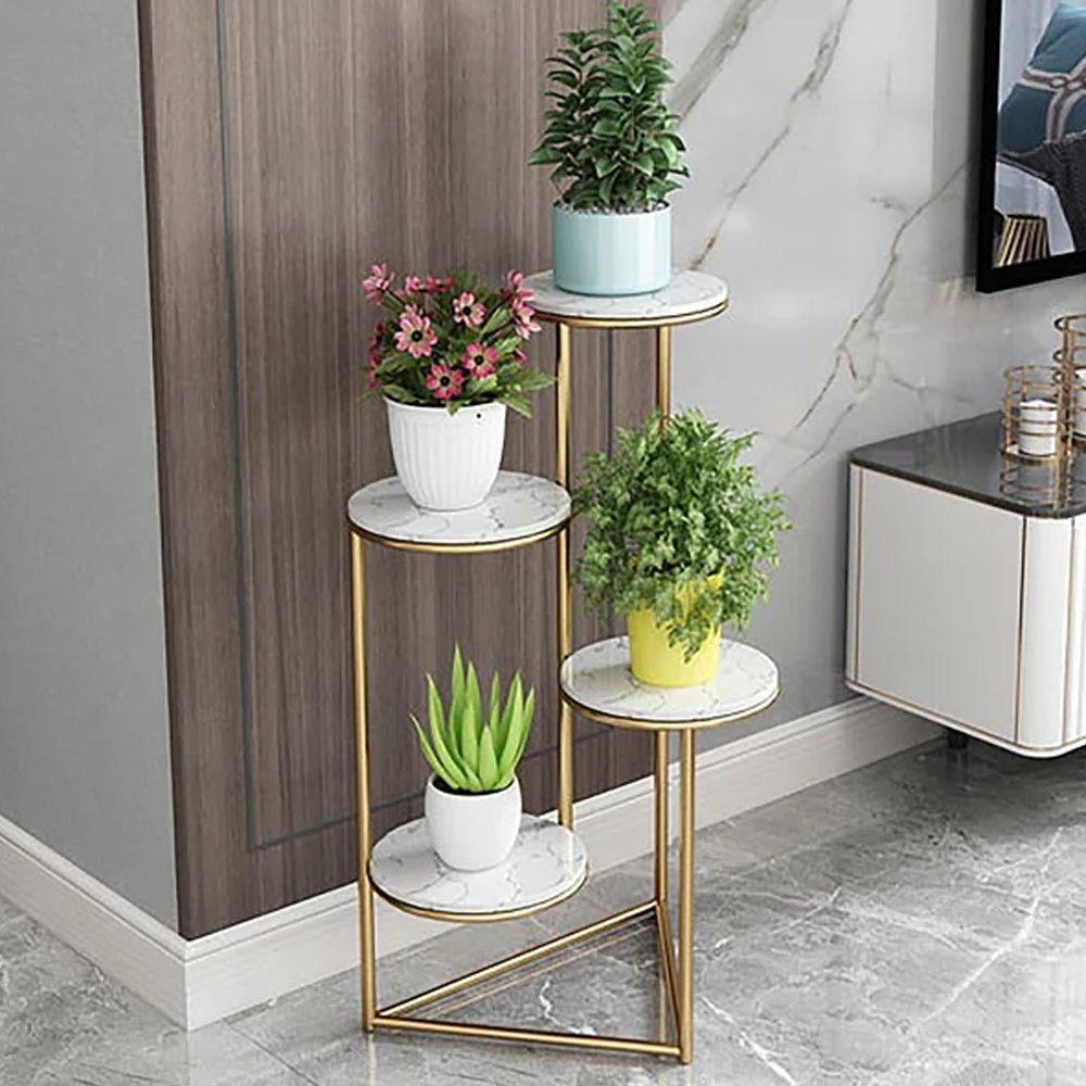Beautiful Premium Looking Sturdy Metal Planter Stand With White Round Marble At Top - 4 Tier - Decor Smart
