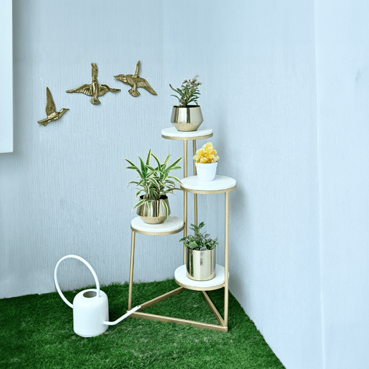 Beautiful Premium Looking Sturdy Metal Planter Stand With White Round Marble At Top - 4 Tier - Decor Smart
