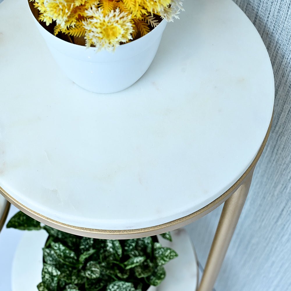 Beautiful Premium Looking Sturdy Metal Planter Stand With White Round Marble At Top - 4 Tier - Decor Smart