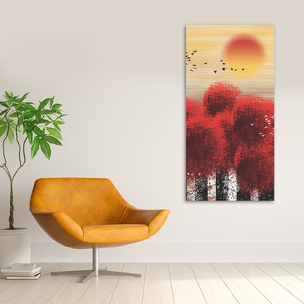 Beautiful Red Tree with Sunrise Scenery Canvas Wall Painting - Decor Smart