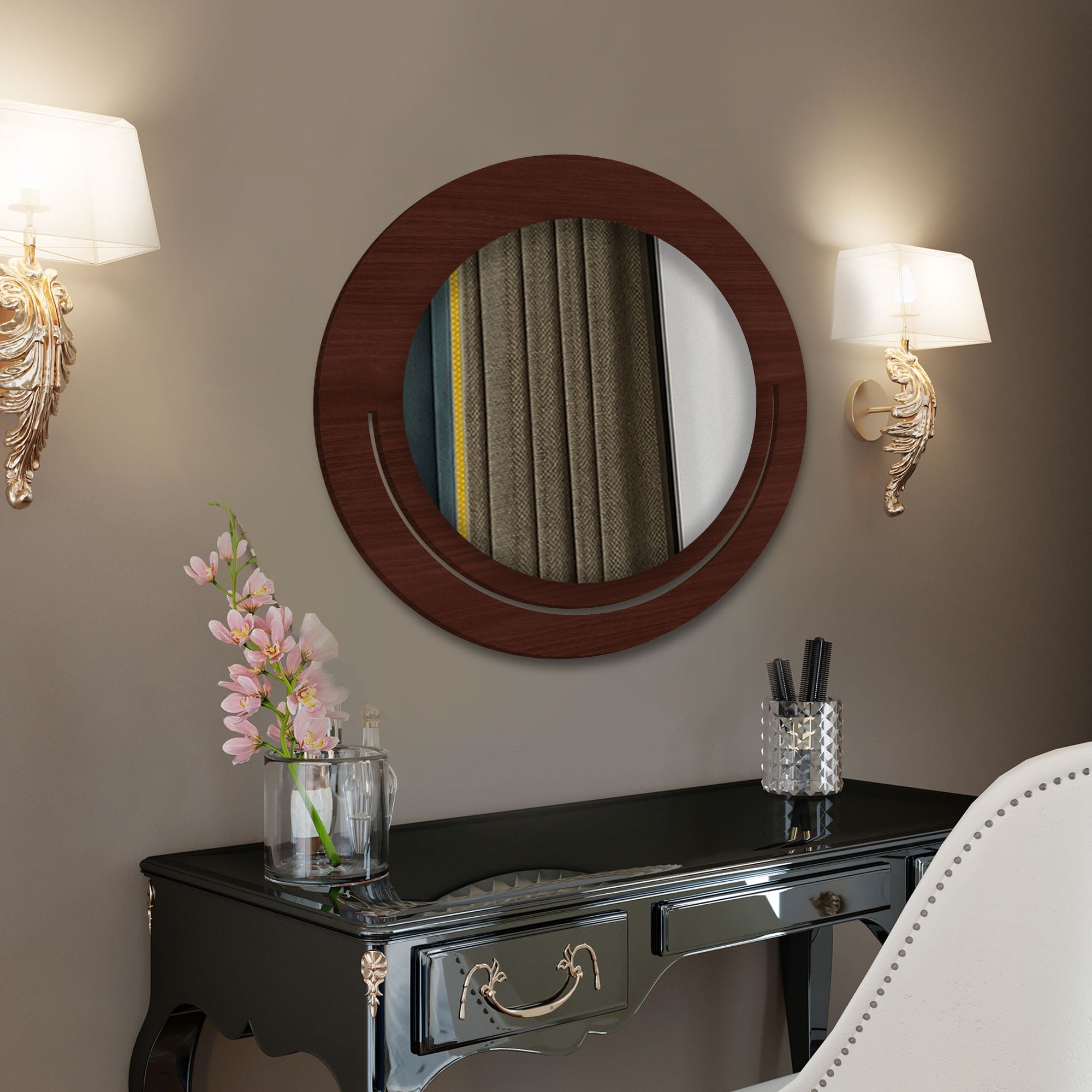 Beautiful Rounded Shape Designer Vanity Wooden Wall Mirror - Decor Smart
