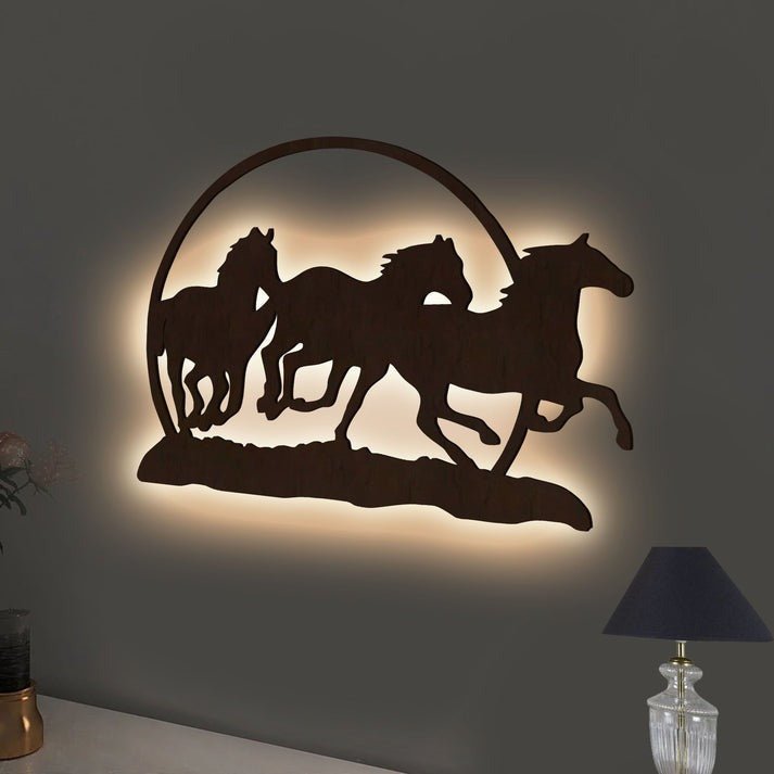 Beautiful Running Horse Backlit Wooden Wall Decor with LED Night Light Walnut Finish - Decor Smart
